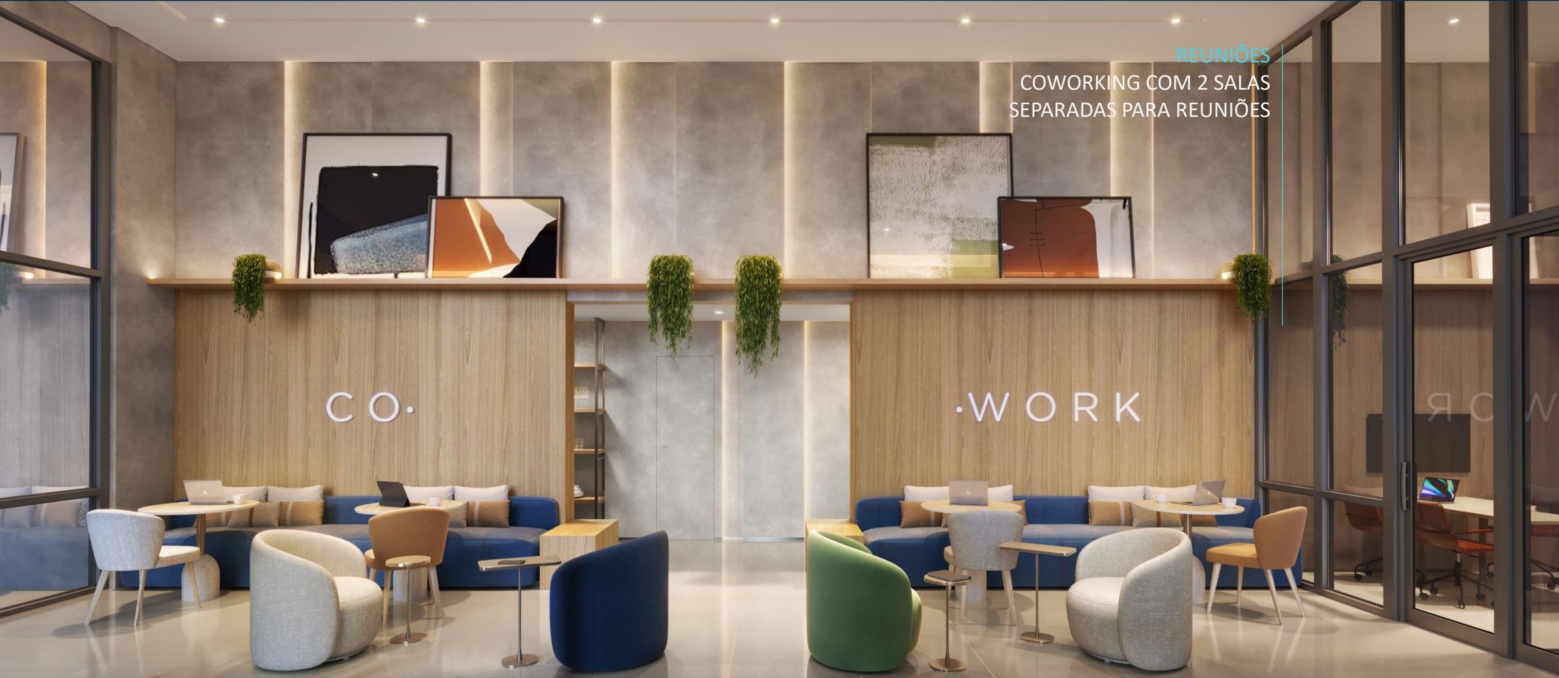 Espaço coworking e salas de reunião do PG Residences