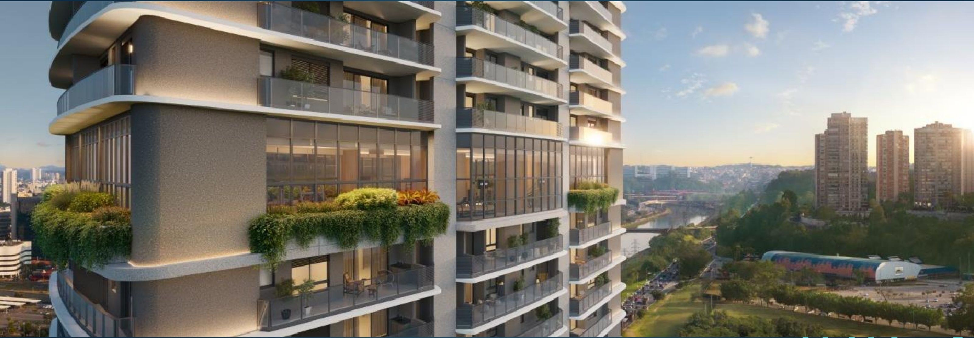 Fachada do PG Residences · torre residencial no Parque Global, Marginal Pinheiros