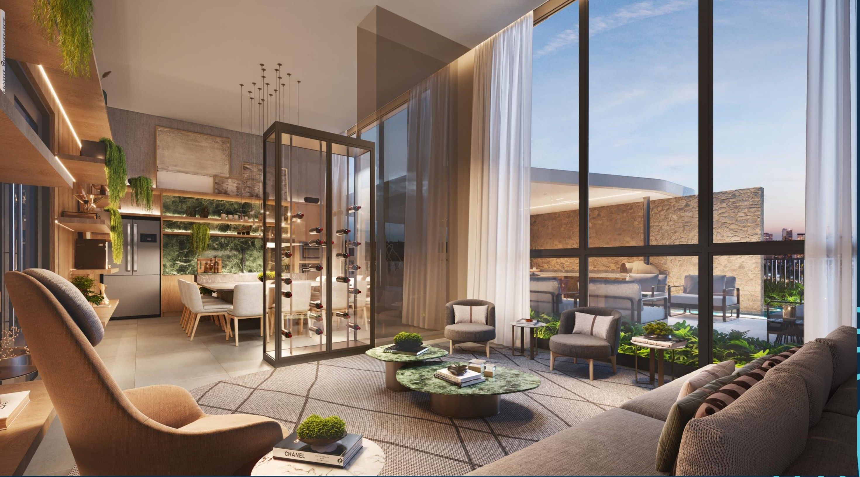 Espaço gourmet com cozinha completa e varanda do PG Residences