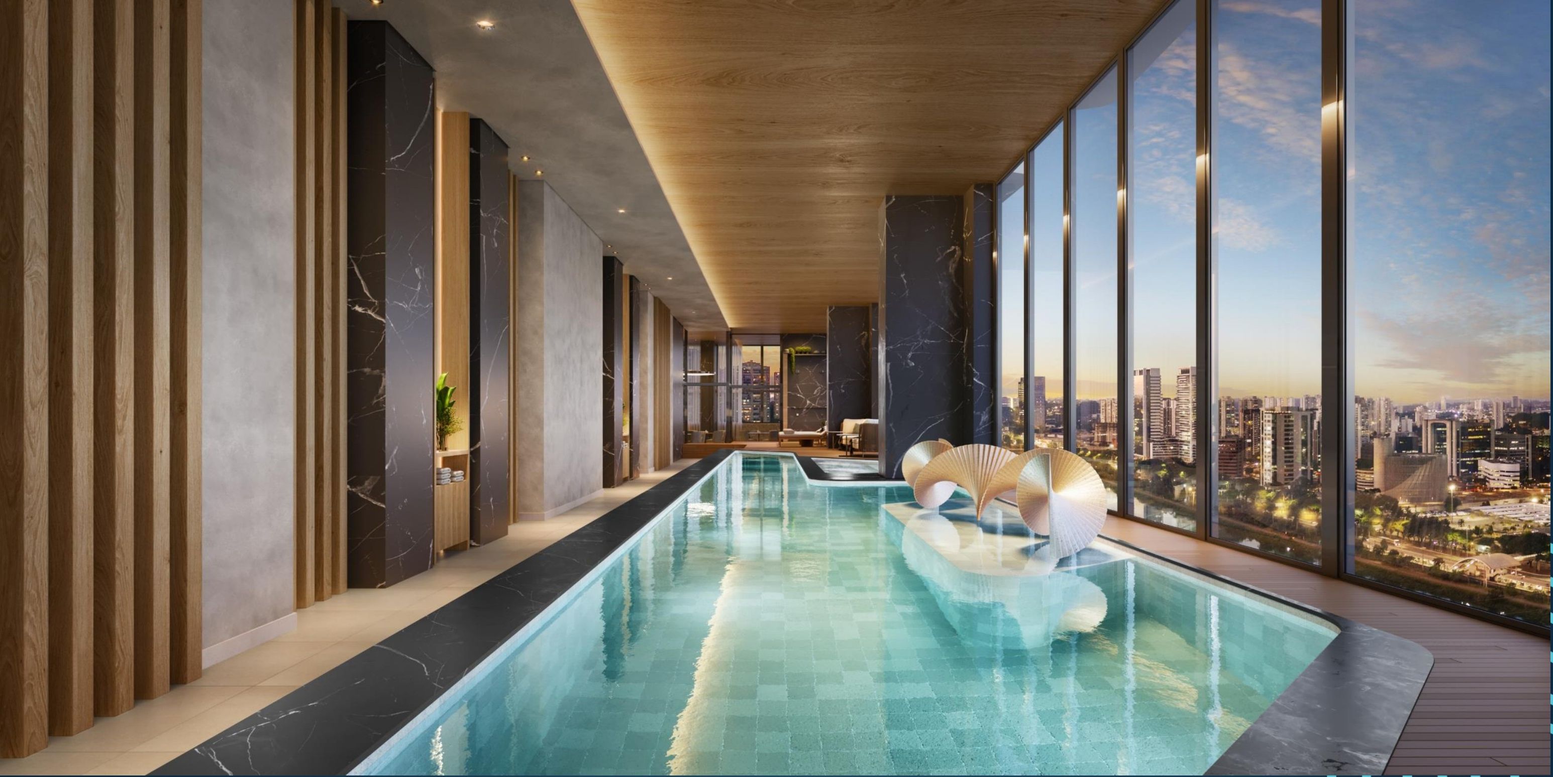 Piscina aquecida coberta com vista panorâmica no 36º andar do PG Residences